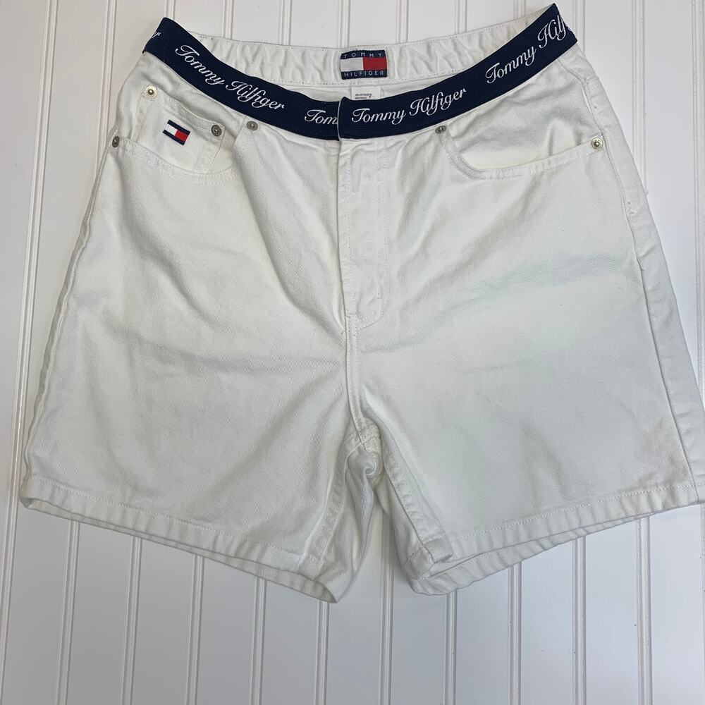 Tommy Hilfiger White Jean Shorts Spellout Waistband Blue Sz 10